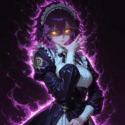 j0suk3, jojo pose, pose, hand up, ,dark aura, dark energy, bristly hair, ((glowing eyes)), ภาพวาดสาวอนิเมะ:1.4,  ภาพวาดสไตล์โจโจ้อนิเมะ:1.4, ภาพระยะใกล้ของผู้หญิงที่มีใบหน้าและร่างกายแข็งแกร่ง , แสงออโรร่าสีดำลอยออกจากตัวสาว ,  ปังส์ยาวถึงคิ้ว  , ภาพระยะไก...