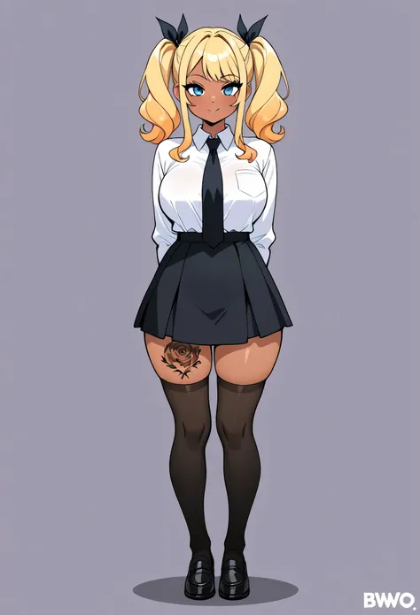 Student, bimbo, blonde, blue eyes, pigtails, dark tan. Attending BLACKED university. Showing off her BBC tattoos to other girls at school. "BNWO" Tattoos.