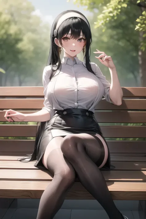 I'm in the pool,Can you draw a woman in a swimsuit,Big Breasts,I'm raising my black hair,Hair accesSories,Black Haired Woman,I have a white headband,A woman with a lovely smile,office lady suit,white blouse,Tight Miniskirt,high heels,A woman relaxing o...