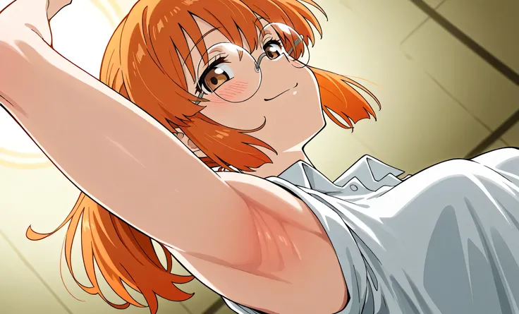 masterpiece, best quality, amazing quality, anime screencap, anime coloring, 1girl, solo, Fio Germi, toned, (muscular female:0.9), long hair,orange hair,ponytail, sidelocks, brown eyes, bangs, round eyewear, medium breasts, white shirt, collared shirt, sle...