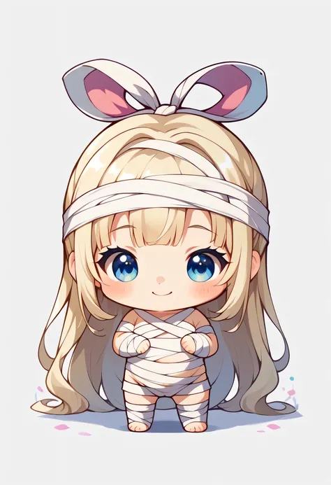 Mummy Deformed、cute、 chibi、cute、Milky white unique long hair、blue gradation hair color、