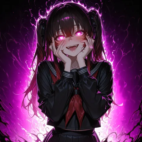 <lora:yandere-trance-illustriousxl-lora-nochekaiser:1>, yandere trance, yandere, hands on own cheeks, hands on own face, crazy eyes, crazy smile, crazy, heart-shaped pupils, glowing eyes, symbol-shaped pupils, hand on own face, open mouth, glowing, blush, ...