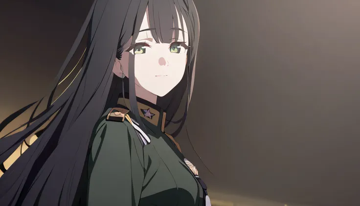 masterpiece, best quality, solo, 1woman, mature, black hair, long straight hair, green eye, small to medium breast, dark green japan military uniform, standing, looking at viewer, observing gaze, slight smile, composed, black background only