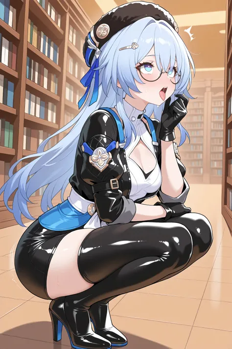 masterpiece, best quality jumpsuit,  (  honkai:  star rail),
1girl, One, black latex beret ,long hair,blue hair,chinos,hair ornament,Hair clip, On the face, disturbance, redondo_glasses, blue eyes,black gloves, white latex bustier, Black latex vest, black ...