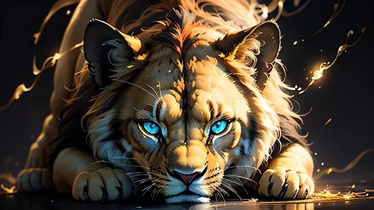 Colorful lion painting on a black background,, Breathtaking Rendering, In a shining connection, Inspired by Kinuko Y. Crafting,, Magical Elements, Kitten Icon, oh, Is beautiful, Cast a variety of spells, bright flash, flash  