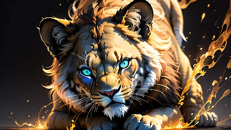 Colorful lion painting on a black background,, Breathtaking Rendering, In a shining connection, Inspired by Kinuko Y. Crafting,, Magical Elements, Kitten Icon, oh, Is beautiful, Cast a variety of spells, bright flash, flash  