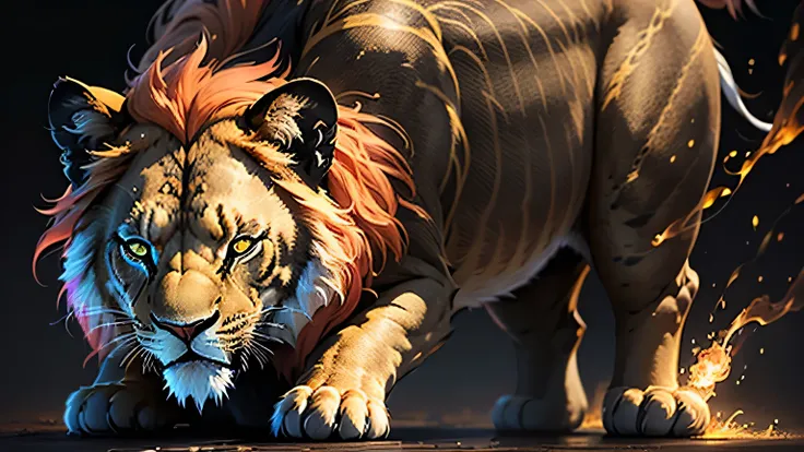 Colorful lion painting on a black background,, Breathtaking Rendering, In a shining connection, Inspired by Kinuko Y. Crafting,, Magical Elements, Kitten Icon, oh, Is beautiful, Cast a variety of spells, bright flash, flash  