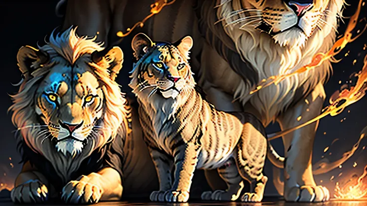 Colorful lion painting on a black background,, Breathtaking Rendering, In a shining connection, Inspired by Kinuko Y. Crafting,, Magical Elements, Kitten Icon, oh, Is beautiful, Cast a variety of spells, bright flash, flash  