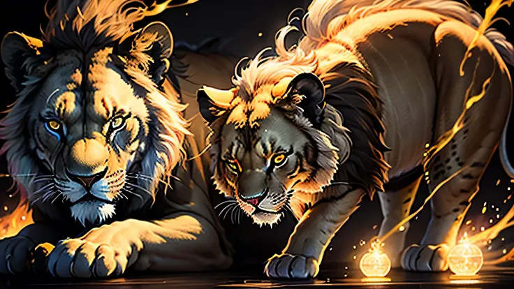 Colorful lion painting on a black background,, Breathtaking Rendering, In a shining connection, Inspired by Kinuko Y. Crafting,, Magical Elements, Kitten Icon, oh, Is beautiful, Cast a variety of spells, bright flash, flash  