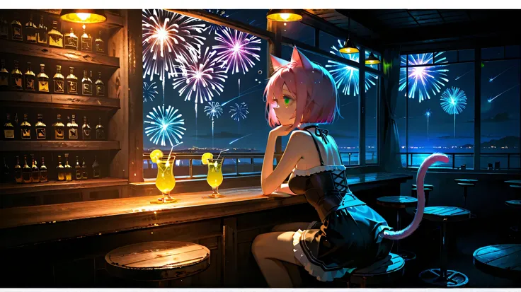 ruanyi1098,bar \(place\),neon lights, best quality, ultra detailed, beautiful, 4K, lemonade, soda, nenodroid, in the bar, with a window, with shooting stars, with fireworks, at midnight,1girl,solo, chemist, with cat ears, cat tail, thinking, sleepy, sittin...
