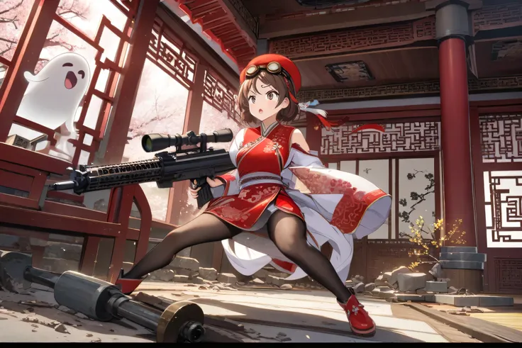 Anime girl,  Brown hair, Red Chinese beret, goggles on the head, red and white oriental costume, legs with black tights, In a Chinese house, cherry trees, ghosts, 4k, HD, with machine guns ,  combat stage , Murderous and Violent, Destruction showing the bu...