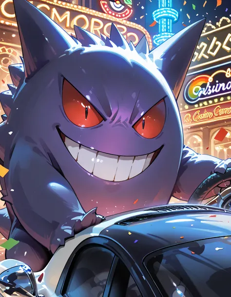 close up (Gengar(pokemon)),main charactor:1.3,white tuxedo, driving a Porsche, smiling face, Millionaire Road, Casino Street, confetti, neon lights, rainbow casino,no humans, pokemon \(creature\),evil smile,