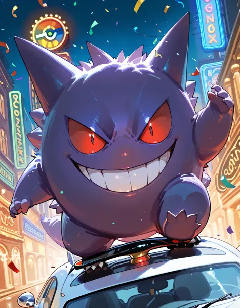 close up (Gengar(pokemon)),main charactor:1.3,white tuxedo, (driving a white Porsche), smiling face, Millionaire Road, Casino Street, confetti, neon lights, rainbow casino,no humans, pokemon \(creature\),evil smile,