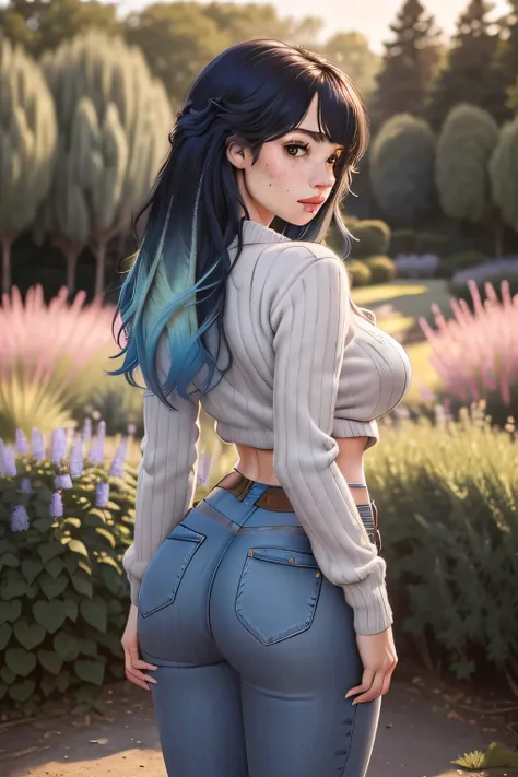 1girl in, 18, young Waifu, photo of perfect woman, Solo, Aesthetic artwork, (straight hair, black hair, blue ombre hair tips, color hair tips:1.25), (some small freckles, pale skin, large round breasts, DD-cup, runners body, very thin waist, skinny, thin, ...