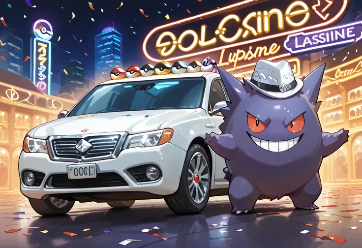 (sideview),close up (Gengar(pokemon) with white silk hat),main charactor:1.3, (cool pose by the white limousine car), Millionaire Road, Casino Street, confetti, neon lights, rainbow casino,no humans, pokemon \(creature\),evil smile,