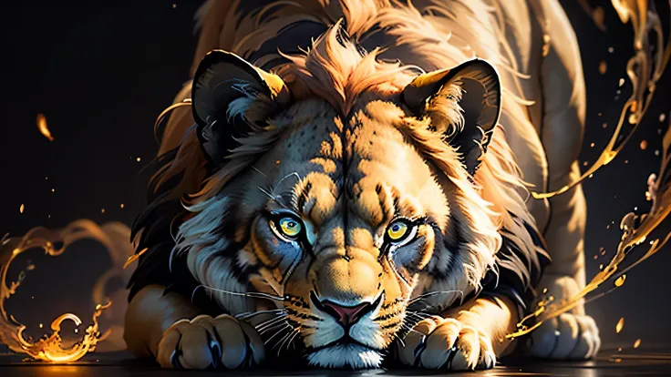 Colorful lion painting on a black background,, Breathtaking Rendering, In a shining connection, Inspired by Kinuko Y. Crafting,, Magical Elements, Kitten Icon, oh, Is beautiful, Cast a variety of spells, bright flash, flash  