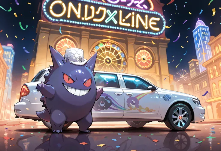 (sideview),close up (Gengar(pokemon) with white silk hat),main charactor:1.3, (cool pose by the white luxury stretch limousine car), Millionaire Road, Casino Street, confetti, neon lights, rainbow casino,no humans, pokemon \(creature\),evil smile,