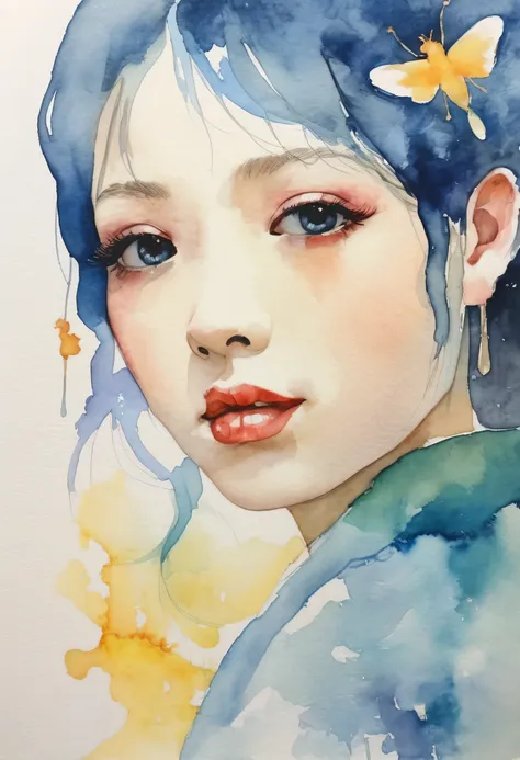 ((art style: Terada Katsuya   )),  Terada Katsuya style、8k, high resolution, Exquisite and Detailed Masterpiece , (Summer vacation:1.4), (Fireflies and:1.1), Firefly Light Glowing Blue、 A Girl in a Kimono and a Firefly Light Illuminating the Dark Night, be...