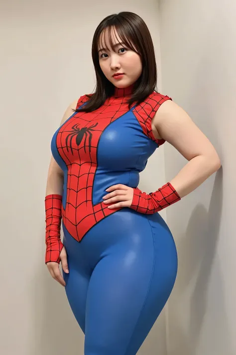 Full-figured body, Plus-size woman, Spider-Man, Peter Parker, NSFW, 1 girl, (cleavage cutout : 2.5), realistic cleavage, (She is wearing nothing but a highly detailed, realistic, skin-tight latex Spider-Man suit with a plunging neckline. : 1.9), (cameltoe ...