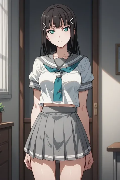 An image of Dia Kurosawa, presumptuous face, sailor fuko, medium breasts, slender legs, gray foldable mini skirt, holding her white panties with lace, standing in a room 