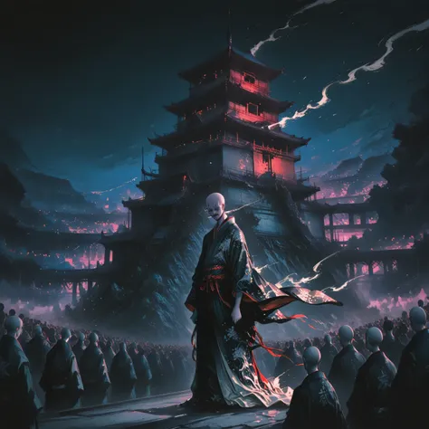 A dramatic, vivid depiction of Nurarihyon, a famous Japanese yokai, standing confidently atop a traditional Japanese castle tower (tenshukaku) at night. His elderly, bald head and mysterious smirk contrast with the dynamic, flowing movement of his ornate k...