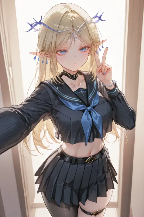 score_9, score_8_up, score_7_up, masterpiece, best quality, very aesthetic, absurdres, tunning image, attractive image, solo, 1girl, adult grown woman, cartethyia \(wuthering waves\), blue eyes, blonde hair, pointy ears, long hair, jewelry, dress, elf, mas...