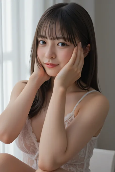 detailed hands, (perfect hand, perfect anatomy, anatomically correct) , 1 Girl ,  beautiful detailed eyes ,  beautiful clear lips , extremely detailed face,  long eyelashes , beautiful big black round eyes ,no make up,
a cute girl,Light comes in from a lar...