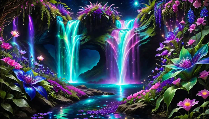 Shiny purple |Shiny pink|Shiny Turquoise Green|Shiny Cobalt Blue|Shiny Purple|blue waterfall amongst strange magic flowers, At night, glowing fairy lights , magic, High quality fairyland waterfall, Realistic Water, ripple, 8k,insanely detailed,so many flow...