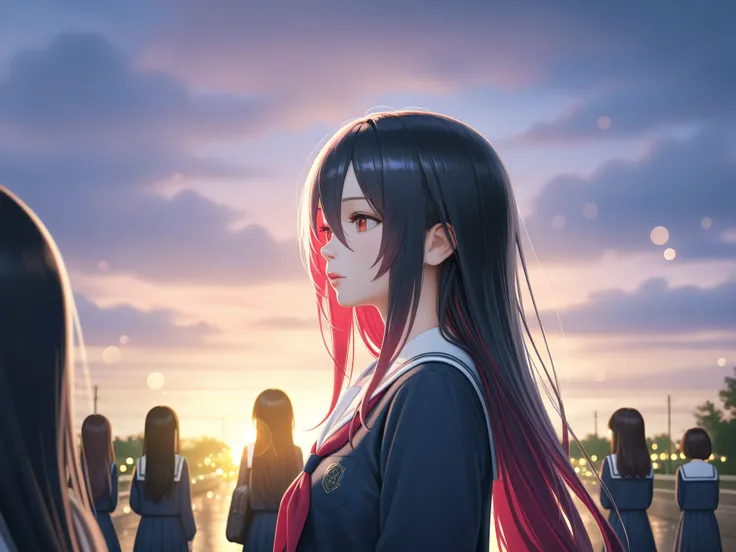 girls, long hair, dark haired, Ephemeral Vibes, while leaving school together, it's raining, High Quality, Realistic, 4K rendering, EXTREME DETAIL BY EXPERTS, vibrant colors, bokeh effect, Tranquil scenery on a rainy day, Natural Light, delicate texture, B...