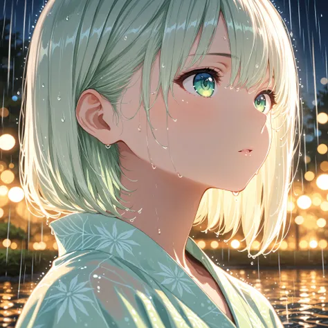 bob cut,light green yukata,Macro Closeup of a Girl's Eye,Super Detailedな虹彩と瞳孔, reflection,night,execution,lol,parted lips,rain,wet hair,(Bokeh),(((((depth of field,))))),Golden ratio composition, radial composition with iris ,Diagonal configuration,masterp...