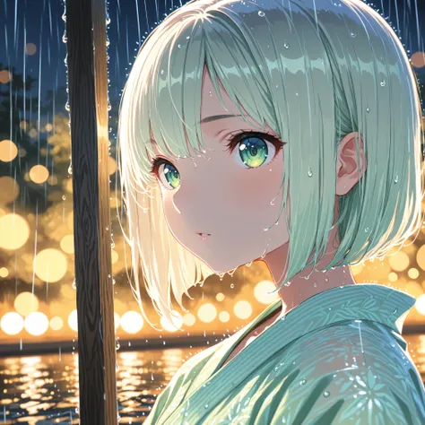 bob cut,light green yukata,Macro Closeup of a Girl's Eye,Super Detailedな虹彩と瞳孔, reflection,night,execution,lol,parted lips,rain,wet hair,(Bokeh),(((((depth of field,))))),Golden ratio composition, radial composition with iris ,Diagonal configuration,masterp...