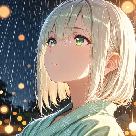 bob cut,light green yukata,Macro Closeup of a Girl's Eye,Super Detailedな虹彩と瞳孔, reflection,night,execution,lol,parted lips,rain,wet hair,(Bokeh),(((((depth of field,))))),Golden ratio composition, radial composition with iris ,Diagonal configuration,masterp...