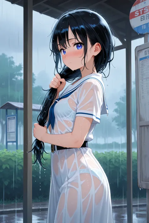 nsfw,anime,masterpiece,best quality,highres, highly dramatic picture, beautiful eyes, cinematic lens effect, ultra cute,outdoors, bus stop, raining,from side,1 girl,standing,staring, washinghair, wringing hair,  holding own hair, wet hair, wet clothes, bra...