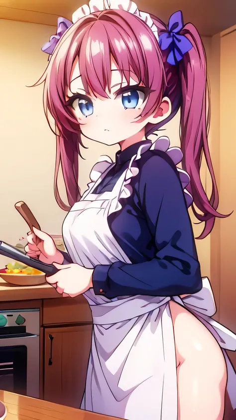 masterpiece, top quality, (Anime screencap:1),(shape), cute,(simple:1), (Anime:1.2),Solo Sharp Focus, 1 girl, Disconnect,watch viewers, Japan,kitchen ,embarrassing ,pink hair with long n sleeves, Twin Tail Hair,(nsfw:1), (medium chest:1.1),  cooking time ,...
