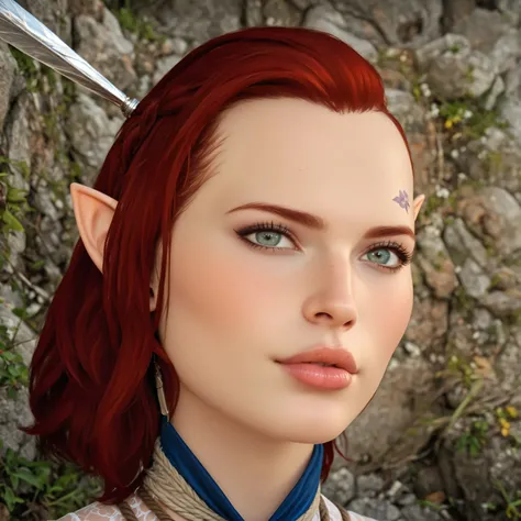 dragon age inquisition, elven character, elf woman, she has elf ears, female character, Perfect round medium breasts, short red lesbian hair, juicy lips, sexy body, slim waist, thin, skinny, scantily clad, translucent clothing, ornate embroidery, shibari, ...