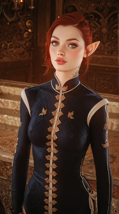 dragon age inquisition, elven character, elf woman, she has elf ears, female character, Perfect round medium breasts, short red lesbian hair, juicy lips, sexy body, slim waist, thin, skinny, silk, ornate embroidery, tattoo over left eye only.