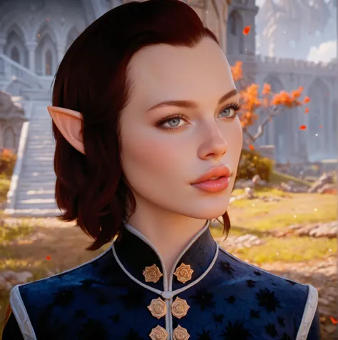 dragon age inquisition, elven character, elf woman, she has elf ears, female character, Perfect round medium breasts, short red lesbian hair, juicy lips, sexy body, slim waist, thin, skinny, silk, ornate embroidery, tattoo covering left eye only.