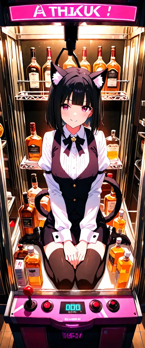 (beautiful girl: 1.3),masterpiece,Ultra-high resolution,rich contrast,Very high quality,8k,Highly detailed CG unit wallpaper,Texture,So ridiculous,RAW Photos,Depth of written boundary 1.2,(blunt bangs,medium hair,Black Hair),sidelocks,smile,in crane game,B...