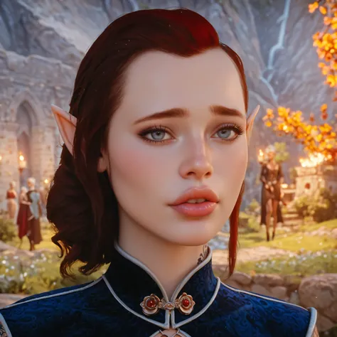 dragon age inquisition, elven character, elf woman, she has elf ears, female character, Perfect round medium breasts, short red lesbian hair, juicy lips, sexy body, slim waist, thin, skinny, silk, ornate embroidery, tattoo covering left eye only.