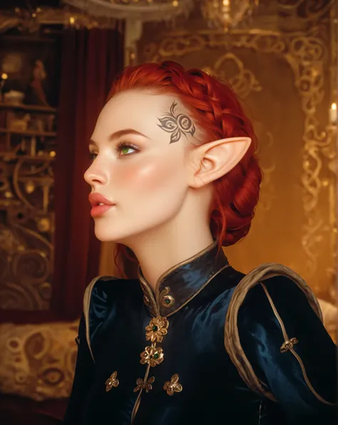 dragon age inquisition, elven character, elf woman, she has elf ears, green eyes, female character, Perfect round medium breasts, cleavage, short red lesbian hair, juicy lips, sexy body, slim waist, thin, skinny, silk, ornate embroidery, tattoo covering le...