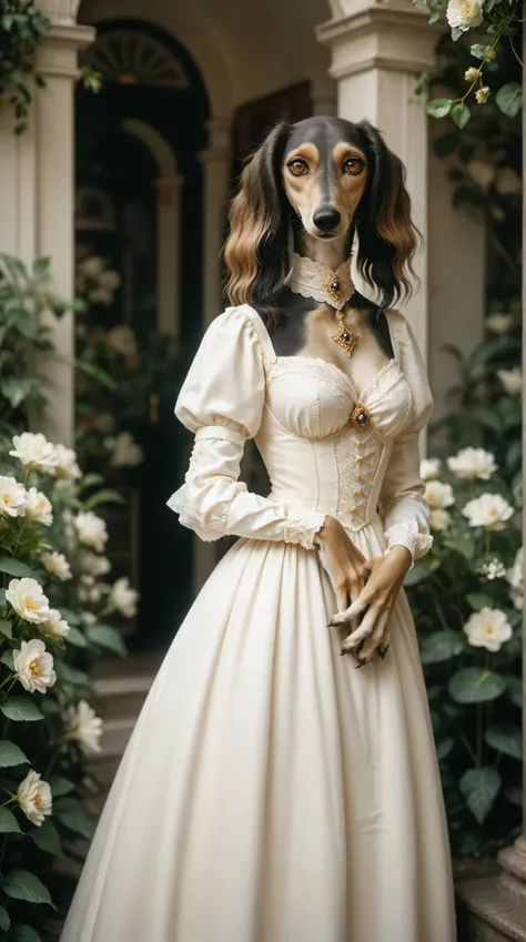 shy girl standing in a dress. Set against an Victorian backdrop that is covered in flowers. saluki, greyhound, borzoi, sighthound, beautiful eyes, golden eyes, paws, black fur