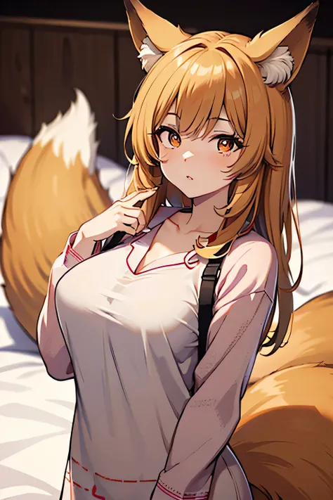 4k, high resolution, best quality, masterpiece, perfect colors, perfect shadows, perfect lighting, Female fox, red fox, two-toned fur, fluffy tail, , Beautiful brown eyes, fit body, , , detailed face, fox tail, (detailed eyes), perfect pupils, , ((brown lo...