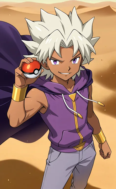 1male,solo,Marik Ishtar,platinum blond hair,short hair,purple eyes,dark skin,purple sleeveless hoodie,grey pants,dark purple cape,muscle,smirk,desert,Sandstorm,holding a pokeball,Pokemon Anime Style 