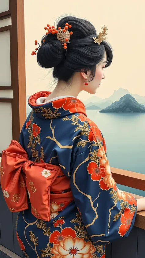 high resolution images 、 Oil ( 美しい 目 detailsなdetails、 detailsを見てください, multi-colored hair) 、Kimono that looks like a yukata 、 Woman looking at the lake outside the window 、 high resolution images 、 The Beauty of Kimonos 、 顔の details 、 masterpiece 、 Highes...