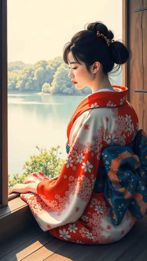 high resolution images 、 Oil ( 美しい 目 detailsなdetails、 detailsを見てください, multi-colored hair) 、Kimono that looks like a yukata 、 Woman looking at the lake outside the window 、 high resolution images 、 The Beauty of Kimonos 、 顔の details 、 masterpiece 、 Highes...