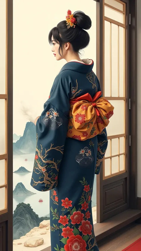 high resolution images 、 Oil ( 美しい 目 detailsなdetails、 detailsを見てください, multi-colored hair) 、Kimono that looks like a yukata 、 Woman looking at the lake outside the window 、 high resolution images 、 The Beauty of Kimonos 、 顔の details 、 masterpiece 、 Highes...
