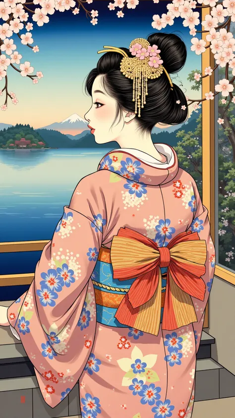 high resolution images 、 Oil ( 美しい 目 detailsなdetails、 detailsを見てください, multi-colored hair) 、Kimono that looks like a yukata 、 Woman looking at the lake outside the window 、 high resolution images 、 The Beauty of Kimonos 、 顔の details 、 masterpiece 、 Highes...