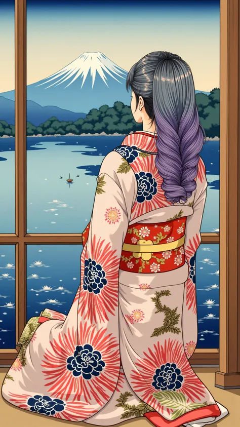high resolution images 、 Oil ( 美しい 目 detailsなdetails、 detailsを見てください, multi-colored hair) 、Kimono that looks like a yukata 、 Woman looking at the lake outside the window 、 high resolution images 、 The Beauty of Kimonos 、 顔の details 、 masterpiece 、 Highes...