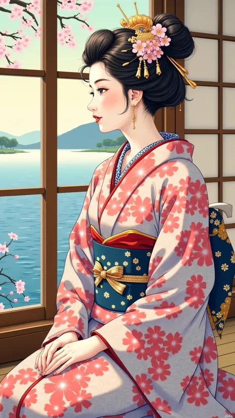 high resolution images 、 Oil ( 美しい 目 detailsなdetails、 detailsを見てください, multi-colored hair) 、Kimono that looks like a yukata 、 Woman looking at the lake outside the window 、 high resolution images 、  The Beauty of Kimonos  、 顔の details 、 masterpiece 、 Highest quality ukiyo-e 、 details、high resolution images 美しさ 。