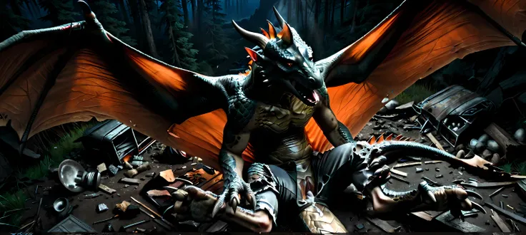 Pov:1.3, point of view, view from top:1.3, view from above, high angle, sitting, lean on ruins, own body, human legs, human arms, human hands, own legs, own paws, transformation, human morfing into dragon:1.3, feral dragon, tail, wings, claws, paws, [scale...